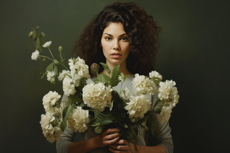Blossoming Beauty: A Woman in Green Holding White Flowers --ar 3:2の素材