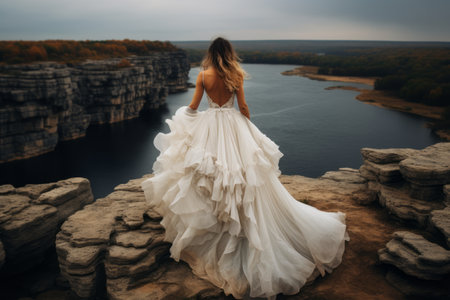 Elegant Bride: A Woman in a White Wedding Gown Posing Gracefully on the Cliff Overlooking a Serene Rの素材