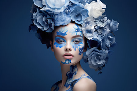 The Mesmerizing Beauty of a Woman Adorned with a Blue and White Flower --ar 3:2の素材