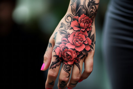 Blooming Beauty: The Fascinating Black and Red Floral Tattoo Adorning Her Left Handの素材