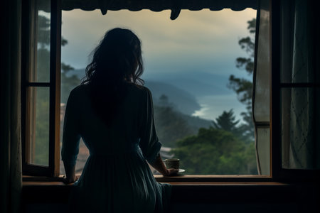 The Productive Serenity: A Woman Engaged in Laptop Work on the Window Sill --ar 3:2の素材