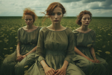 Natures Serene Embrace: A Portrait of Women Resting on a Verdant Fieldの素材