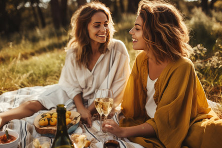 A Perfect Day for Wine: Women Enjoying a Picnic Blanket Soiree with White Wine --ar 3:2の素材