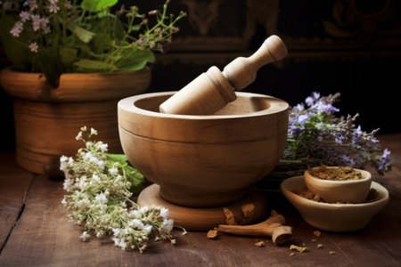 Exploring Traditional Healing: The Artistry of the Wooden Mortar and Pestle in Medicinal Flower Extrの素材