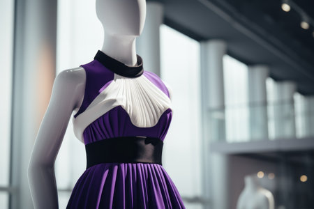 Elegant Contrast: The Alluring White and Purple Sleeveless Dress on a showcase Black Mannequin - ARの素材
