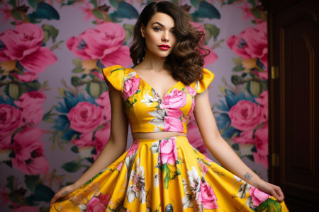 Spring Blossoms: Womens Yellow and Pink Floral Dress --ar 3:2の素材