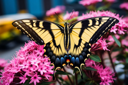 Majestic Encounter: A Yellow and Black Eastern Tiger Swallowtail Butterfly Captivatingly Rests on aの素材