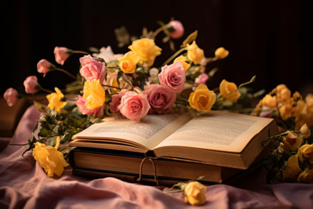 Blooming Beauty: Vibrant Yellow and Pink Flowers Gracefully Adorn Beside Book --ar 3:2の素材
