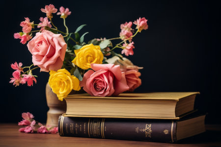 Bursts of Sunshine: Vibrant Yellow and Pink Flowers Blossom Beside a Book --ar 3:2の素材