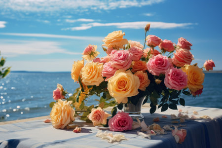 Blooming Beauties: Vibrant Yellow and Pink Flowers Adorn Table by the Ocean, Beneath a Clear Blue Skの素材