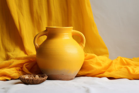 Captivating Contrasts: A Yellow Clay Pot Resting on a White Textile (AR 3:2)の素材