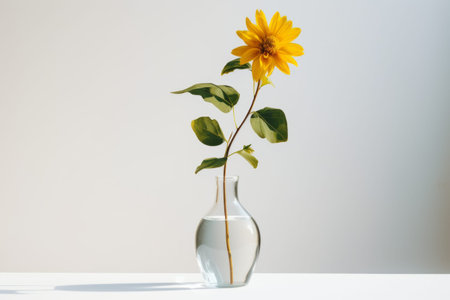 Serenity in Simplicity: A Yellow Flower Blossoms in a Clear Glass Vase on a White Surfaceの素材