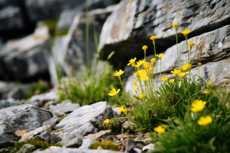 Vibrant Yellow Flowering Plant Amidst Lush Green Grass and Soothing Rocks --ar 3:2の素材