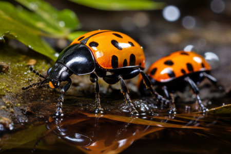 The Vibrant Encounter: Exploring a Black and Orange Colored Beetle on a Mysterious Leak - AR 3:2の素材