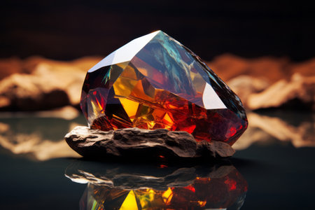 Captivating Sparkle: An Exquisite Gemstone on a Shimmering Reflective Surfaceの素材