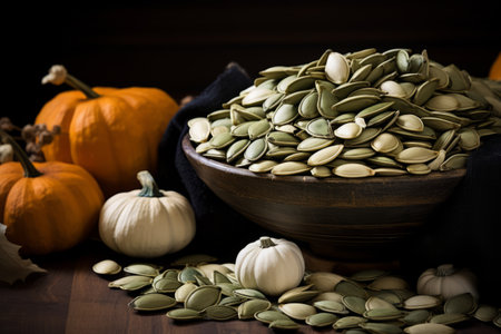 Pumpkin Harvest: Exploring the Bountiful Supply of Green and Gray-Shelled Seeds with an AR 3:2 Ratioの素材