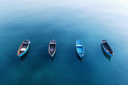 Capturing Grace: A Stunning View of Four Azure Boats Adrift on a Serene Water Bodyの素材
