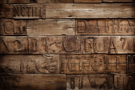 Ancient Artistry Unveiled: Aged Wooden Boards Embellished with Exquisite Carved Lettersの素材