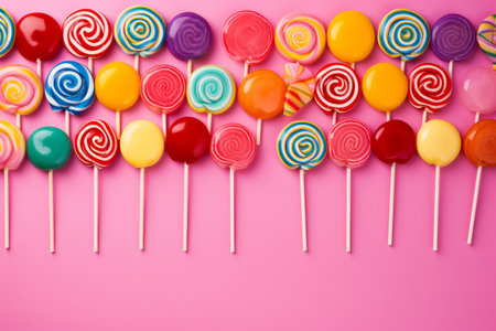 Sugary Delights: Vibrant Assortment of Colorful Lollipops Pops on Pink Canvasの素材