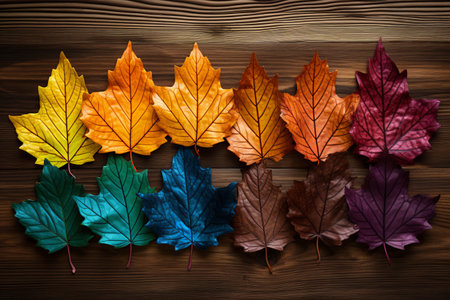 A Vibrant Autumn Display: Assorted-color Leaves on Wooden Surfaceの素材