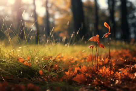 Falling into Harmony: Captivating Beauty of Autumn Leaves and Lush Grass in the Forestの素材
