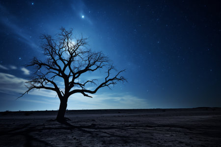 Silent Solitude: A Bare Tree Under the Nights Enigmatic Blue Skyの素材