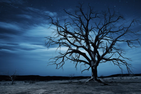 A Serene Silhouette: The Bare Tree Under the Starlit Night Skyの素材
