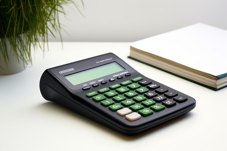 Eco-Friendly Calculations: A Black and Green Calculator Rests on a Serene White Table --ar 3:2の素材