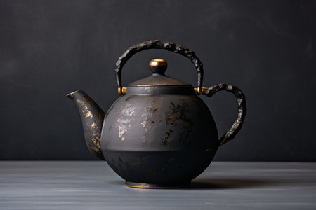Understated Elegance: Black Ceramic Teapot Stealing the Show on a Gray Surfaceの素材