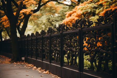 Enchanting Enigma: Black Metal Fence Embracing Majestic Tree in a Harmonious 3:2 Compositionの素材