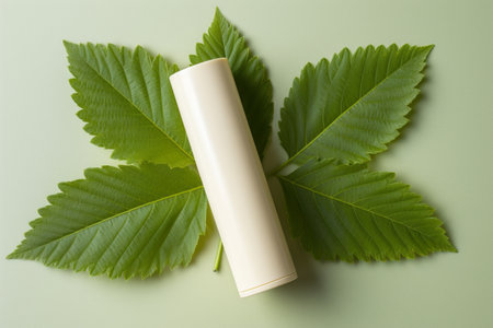 Natures Canvas: A Blank Cream Tube Rests on a Fresh Chestnut Leaf --AR 3:2の素材