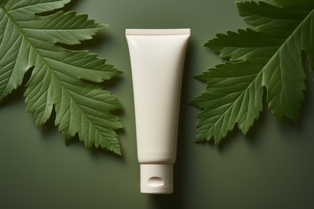 Cream Tube Rests on Vibrant Chestnut Leaf: A Captivating Visual Harmonyの素材
