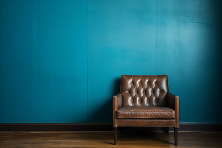 Contrasting Colors: A Blue and Black Chair Standing Out Against a Brown Wallの素材