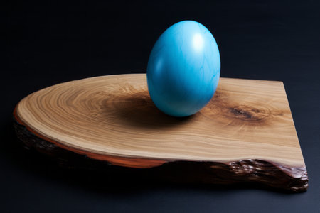 Captivating Contrast: A Vibrant Blue Egg Rests on a Rich Brown Wooden Chopping Board --ar 3:2の素材