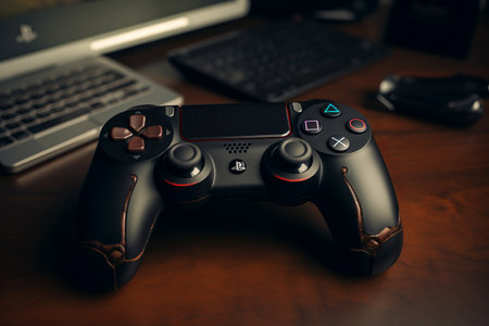 Enhancing Gaming Experience: Sleek Black Wireless Game Controller Meets Black Leather --ar 3:2の素材
