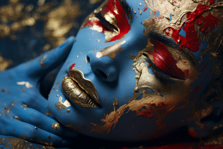 Enchanting Canvas: Vibrant Blue and Red with Dazzling Gold Glitters Painted Artの素材
