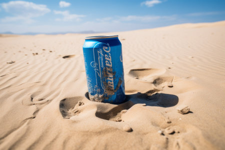 Mesmerizing Contrasts: A Blue Labeled Can on Sandy Terrain --ar 3:2の素材