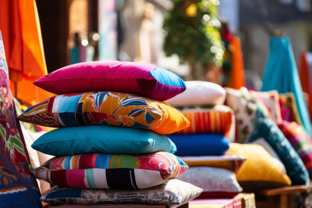 Vibrant Cushions Adorning Market Stalls on the Street - AR 3:2の素材