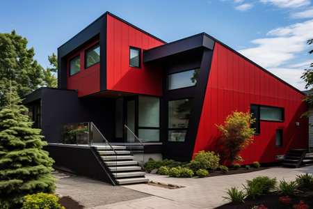 Crimson Chic: A Striking 3:2 Exterior Design Featuring Dynamic Diagonal Linesの素材
