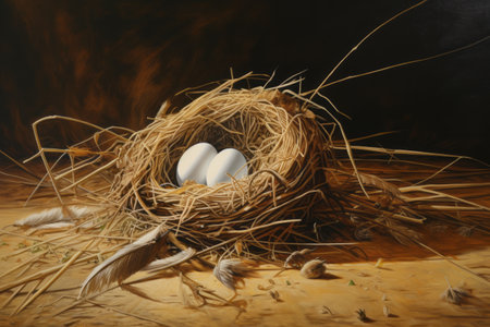 Fragile Beauty Interrupted: Broken Quail Egg Meets Straw on Canvas -- AR 3:2の素材