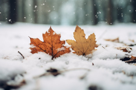 Frosty Encounter: A Blend of Brown and Green Leaves Swathed in Snowの素材