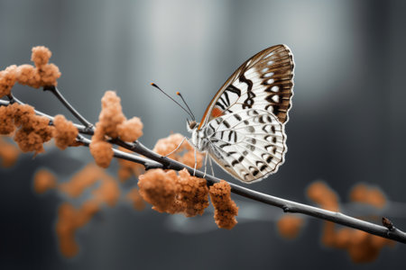 Intricate Beauty: A Close-Up Capture of a Brown Black and White Butterfly Perched on a Brown Stemの素材