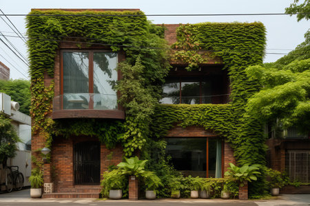 Enchanting Brown Brick House with Green Leaf Vines: A Captivating Retreat --AR 3:2の素材