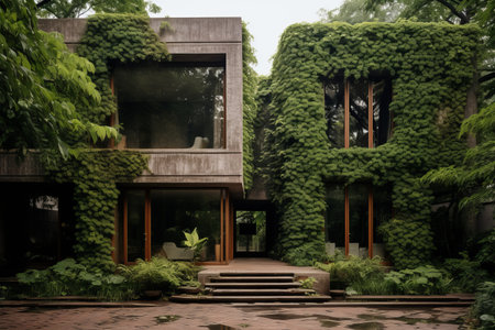 Embracing Nature: A Serene Brown Concrete Brick House Enveloped by Lush Green Leaf Vinesの素材