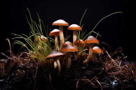 Majestic Brown Mushrooms: A Captivating Portrait on Black Soilの素材