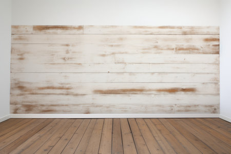 Durable Elegance: Brown Wooden Plank Enhancing a White Concrete Wall --ar 3:2の素材