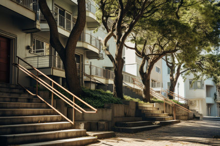 Harmonious blend of nature and urban charm: Elegant town building with tree-lined stairsの素材