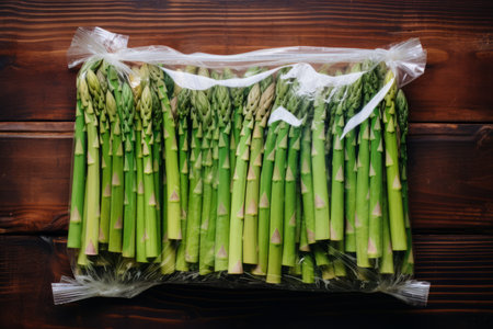 The Freshness Preserved: Vibrant Bunch of Raw Asparagus Packaged in Plastic Bag [AR 3:2]の素材