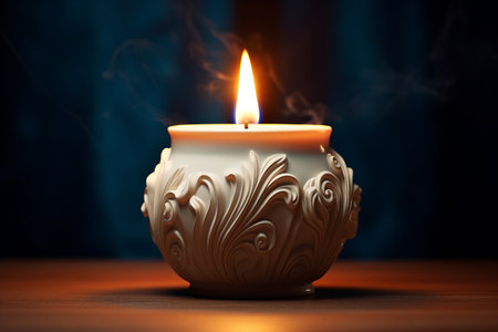 Elegant Illumination: Captivating the Mystique of a Burning Candle on a Ceramic Container --ar 3:2の素材