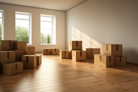 Neatly Stacked Carton Boxes Fill Room, Arranged 3:2 on the Floorの素材